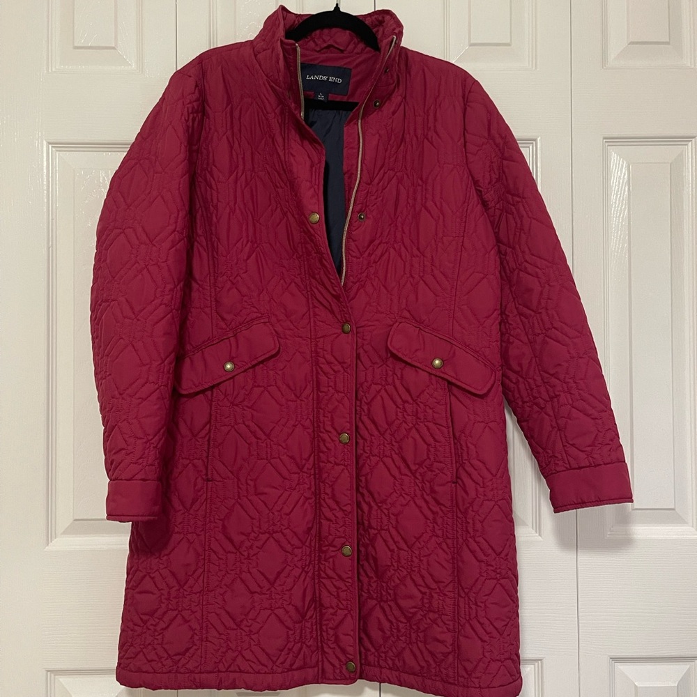 Lands' End Women's Quilted Long Coat - Berry Red